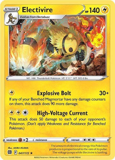 Pokémon card: Electivire 047/172 from Brilliant Stars (Rare), Lightning type, front of card