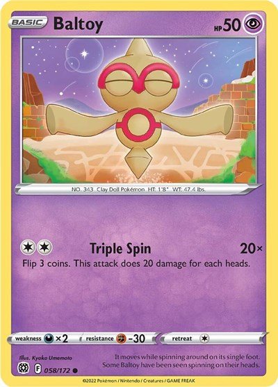 Pokémon card: Baltoy 058/172 from Brilliant Stars (Common), Psychic type, front of card