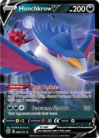 Pokémon card: Honchkrow V 088/172 from Brilliant Stars (Ultra Rare), Darkness type, front of card
