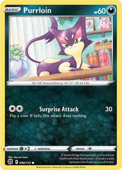 Pokémon card: Purrloin 090/172 from Brilliant Stars (Common), Darkness type, front of card