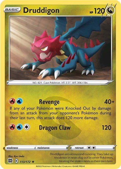 Pokémon card: Druddigon 113/172 from Brilliant Stars (Rare), Dragon type, front of card