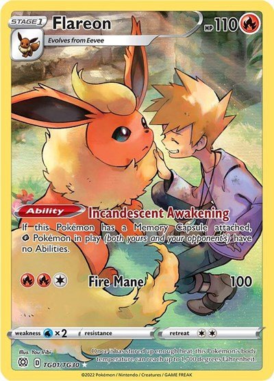 Pokémon card: Flareon TG01/TG30 from Brilliant Stars Trainer Gallery (Ultra Rare), Fire type, front of card