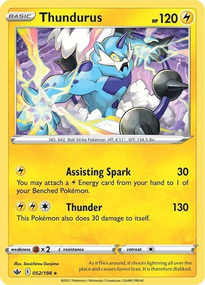 Pokémon card: Thundurus 052/198 from Chilling Reign (Holo Rare), Lightning type, front of card