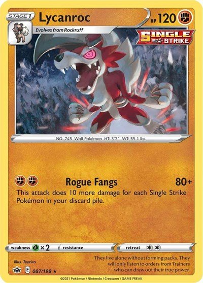 Pokémon card: Lycanroc 087/198 from Chilling Reign (Holo Rare), Fighting type, front of card