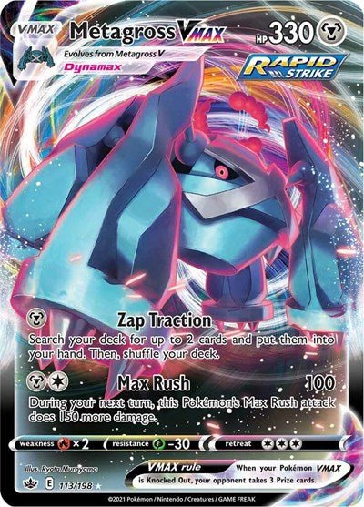 Pokémon card: Metagross VMAX 113/198 from Chilling Reign (Ultra Rare), Metal type, front of card