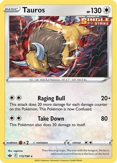 Pokémon card: Tauros 115/198 from Chilling Reign (Holo Rare), Colorless type, front of card
