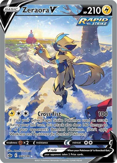 Pokémon card: Zeraora V (Alternate Full Art) 166/198 from Chilling Reign (Ultra Rare), Lightning type, front of card