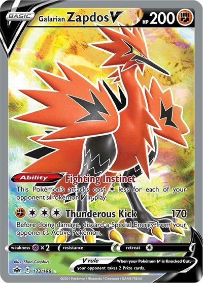 Pokémon card: Galarian Zapdos V (Full Art) 173/198 from Chilling Reign (Ultra Rare), Fighting type, front of card