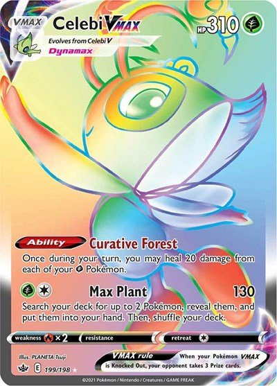 Pokémon card: Celebi VMAX 199/198 from Chilling Reign (Secret Rare), Grass type, front of card