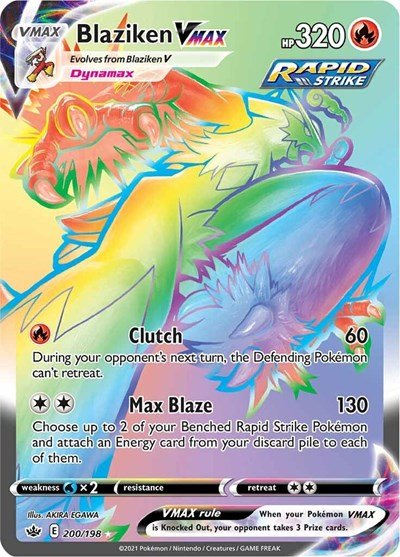 Pokémon card: Blaziken VMAX 200/198 from Chilling Reign (Secret Rare), Fire type, front of card