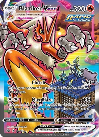 Pokémon card: Blaziken VMAX (Alternate Art Secret) 201/198 from Chilling Reign (Secret Rare), Fire type, front of card