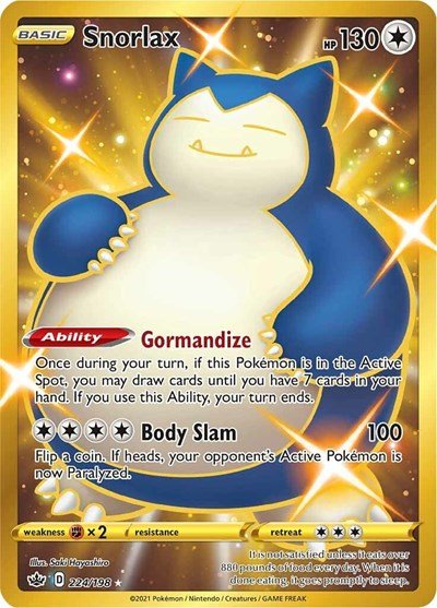 Pokémon card: Snorlax 224/198 from Chilling Reign (Secret Rare), Colorless type, front of card