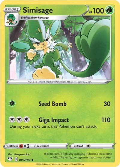 Pokémon card: Simisage 007/189 from Darkness Ablaze (Uncommon), Grass type, front of card
