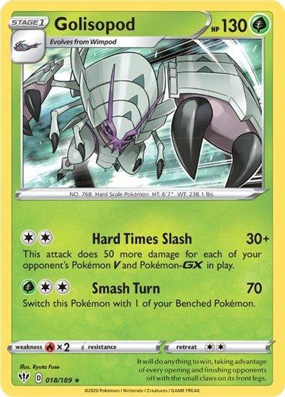 Pokémon card: Golisopod 018/189 from Darkness Ablaze (Holo Rare), Grass type, front of card