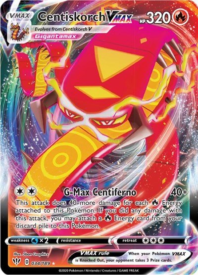 Pokémon card: Centiskorch VMAX 034/189 from Darkness Ablaze (Ultra Rare), Fire type, front of card