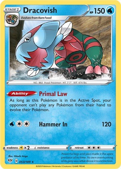 Pokémon card: Dracovish 053/189 from Darkness Ablaze (Holo Rare), Water type, front of card