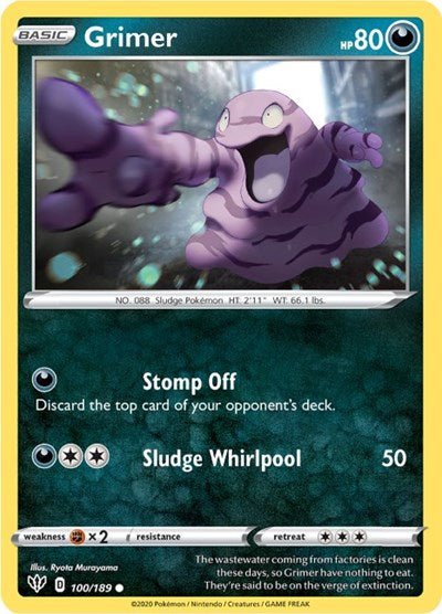 Pokémon card: Grimer 100/189 from Darkness Ablaze (Common), Darkness type, front of card