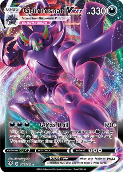 Pokémon card: Grimmsnarl VMAX 115/189 from Darkness Ablaze (Ultra Rare), Darkness type, front of card