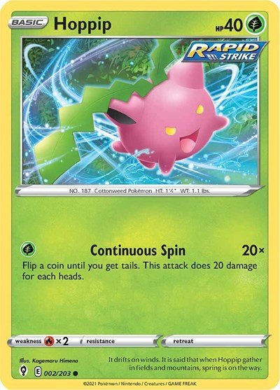 Pokémon card: Hoppip 002/203 from Evolving Skies (Common), Grass type, front of card