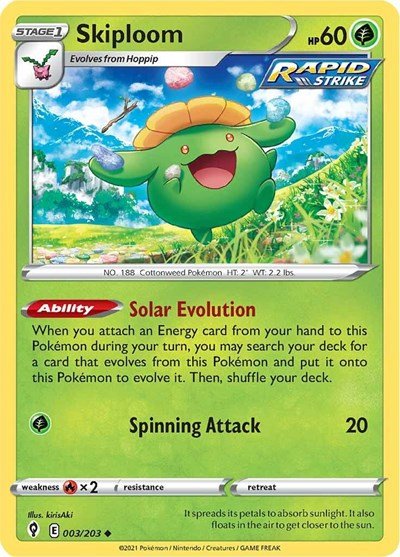 Pokémon card: Skiploom 003/203 from Evolving Skies (Uncommon), Grass type, front of card