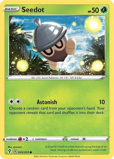 Pokémon card: Seedot 005/203 from Evolving Skies (Common), Grass type, front of card