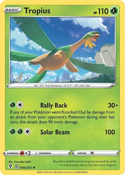 Pokémon card: Tropius 006/203 from Evolving Skies (Rare), Grass type, front of card
