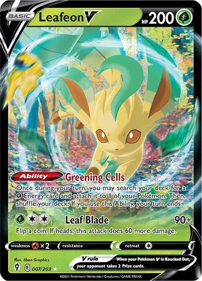 Pokémon card: Leafeon V 007/203 from Evolving Skies (Ultra Rare), Grass type, front of card