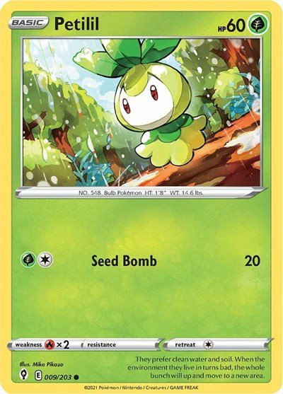 Pokémon card: Petilil 009/203 from Evolving Skies (Common), Grass type, front of card