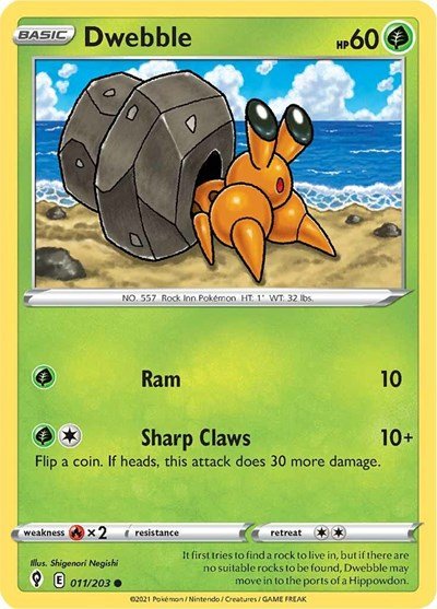Pokémon card: Dwebble 011/203 from Evolving Skies (Common), Grass type, front of card