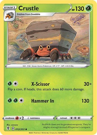 Pokémon card: Crustle 012/203 from Evolving Skies (Uncommon), Grass type, front of card