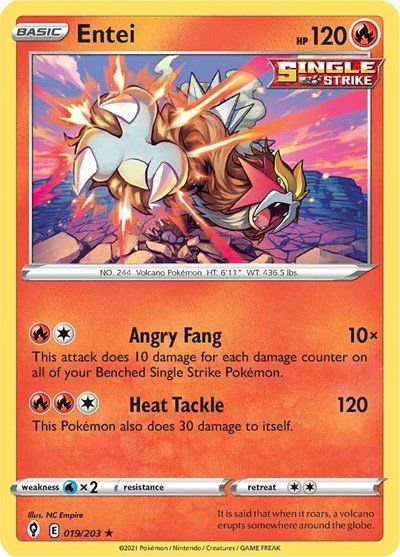 Pokémon card: Entei 019/203 from Evolving Skies (Holo Rare), Fire type, front of card
