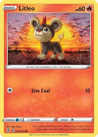 Pokémon card: Litleo 022/203 from Evolving Skies (Common), Fire type, front of card