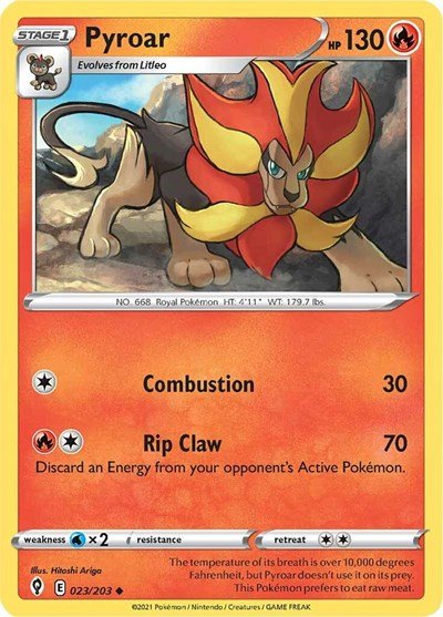 Pokémon card: Pyroar 023/203 from Evolving Skies (Uncommon), Fire type, front of card