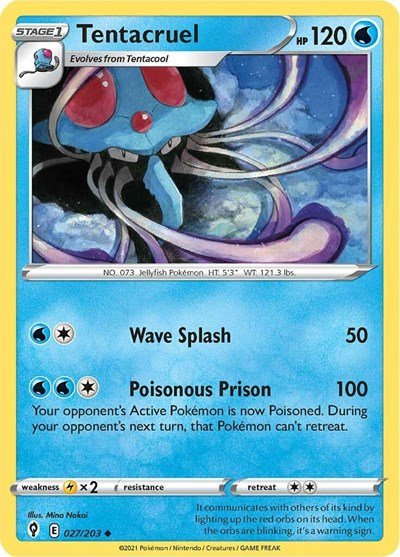 Pokémon card: Tentacruel 027/203 from Evolving Skies (Uncommon), Water type, front of card