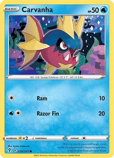 Pokémon card: Carvanha 035/203 from Evolving Skies (Common), Water type, front of card