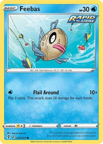 Pokémon card: Feebas 037/203 from Evolving Skies (Common), Water type, front of card