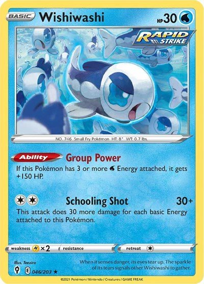 Pokémon card: Wishiwashi 046/203 from Evolving Skies (Rare), Water type, front of card
