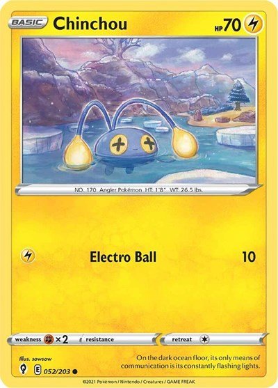 Pokémon card: Chinchou 052/203 from Evolving Skies (Common), Lightning type, front of card