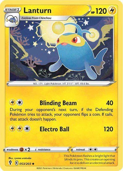 Pokémon card: Lanturn 053/203 from Evolving Skies (Uncommon), Lightning type, front of card