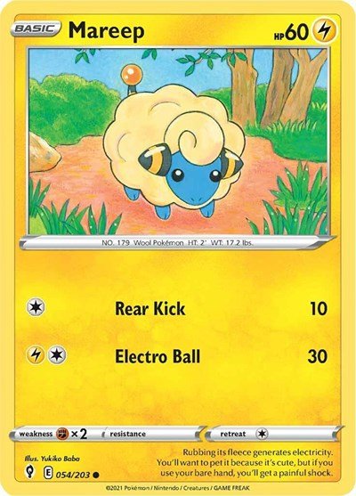 Pokémon card: Mareep 054/203 from Evolving Skies (Common), Lightning type, front of card