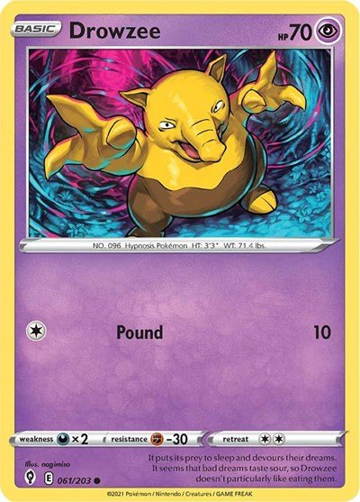 Pokémon card: Drowzee 061/203 from Evolving Skies (Common), Psychic type, front of card