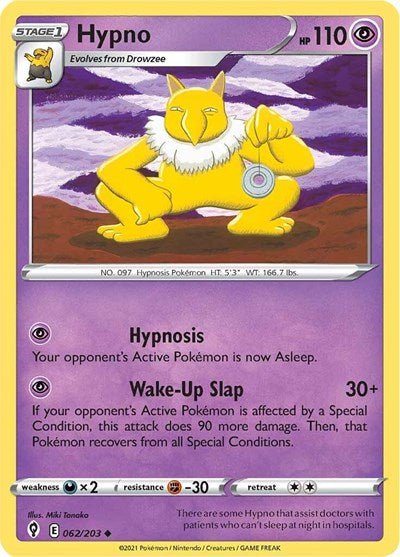 Pokémon card: Hypno 062/203 from Evolving Skies (Uncommon), Psychic type, front of card