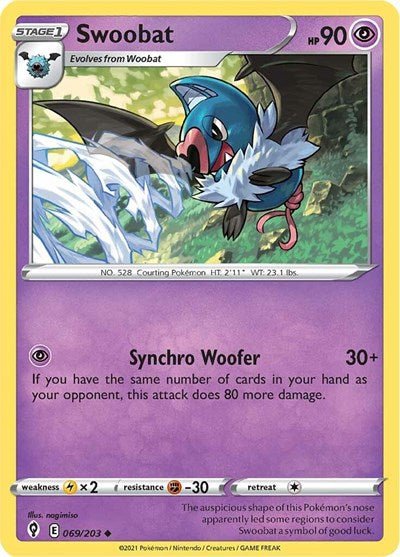 Pokémon card: Swoobat 069/203 from Evolving Skies (Uncommon), Psychic type, front of card