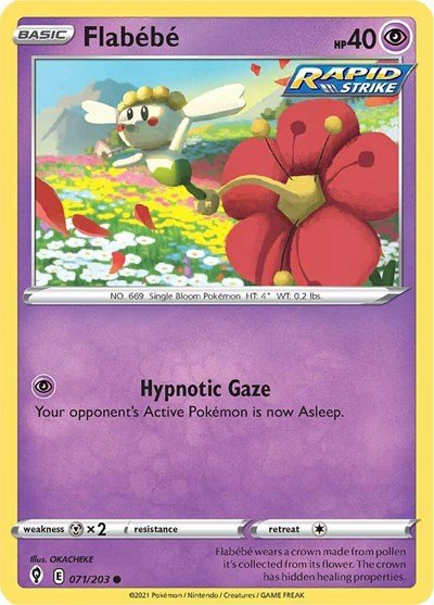 Pokémon card: Flabebe 071/203 from Evolving Skies (Common), Psychic type, front of card