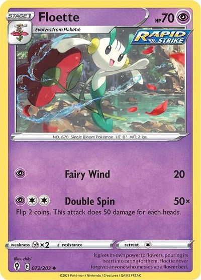Pokémon card: Floette 072/203 from Evolving Skies (Uncommon), Psychic type, front of card