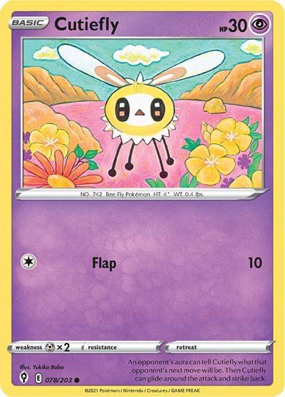 Pokémon card: Cutiefly 078/203 from Evolving Skies (Common), Psychic type, front of card