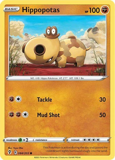 Pokémon card: Hippopotas 084/203 from Evolving Skies (Common), Fighting type, front of card