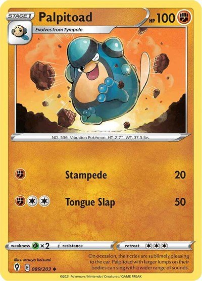 Pokémon card: Palpitoad 089/203 from Evolving Skies (Uncommon), Fighting type, front of card