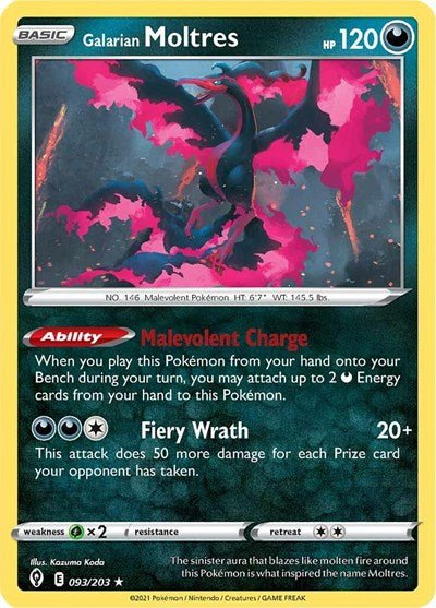 Pokémon card: Galarian Moltres 093/203 from Evolving Skies (Holo Rare), Darkness type, front of card