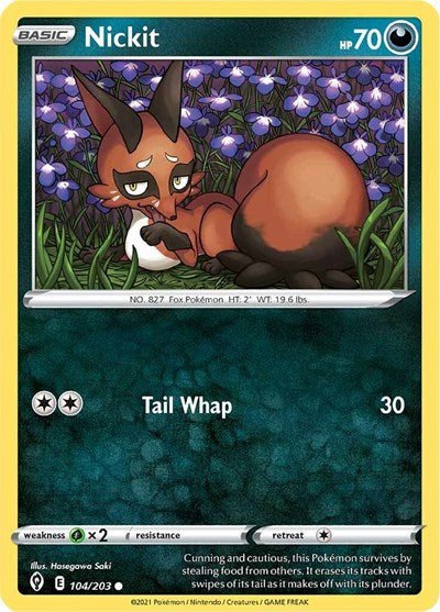 Pokémon card: Nickit 104/203 from Evolving Skies (Common), Darkness type, front of card